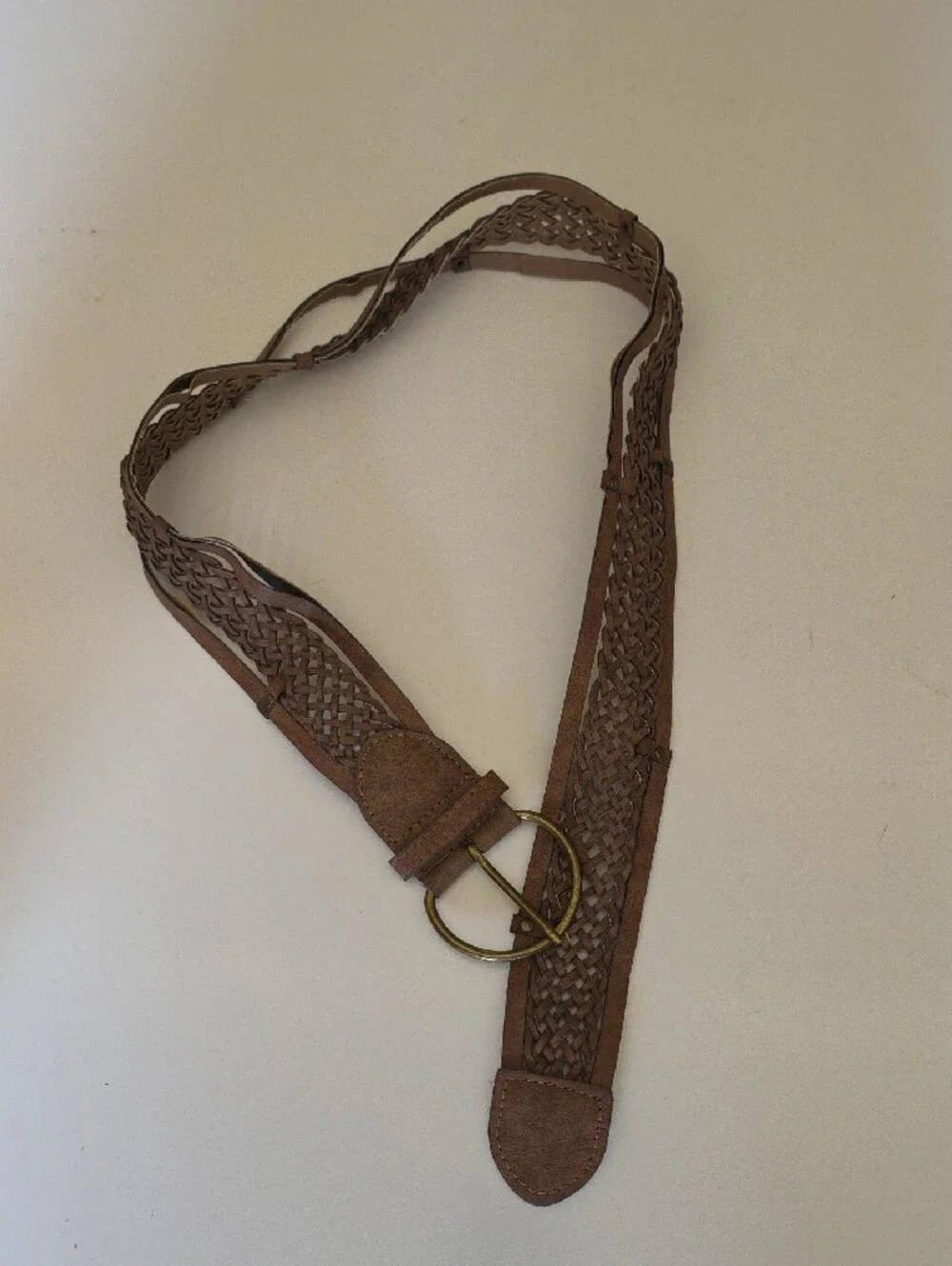 Woven Braided Brown Leather Belt with Round Brass Buckle